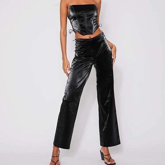 Tiger Mist Amity Lace Up Cut Out Pants and Corset Top Set XS / S Black Shimmer - Picture 1 of 10